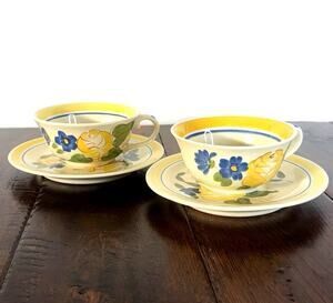 Vintage Red Wing Tea Cups & Saucers Set of 2 | Hand Painted Yellow Blue Flowers